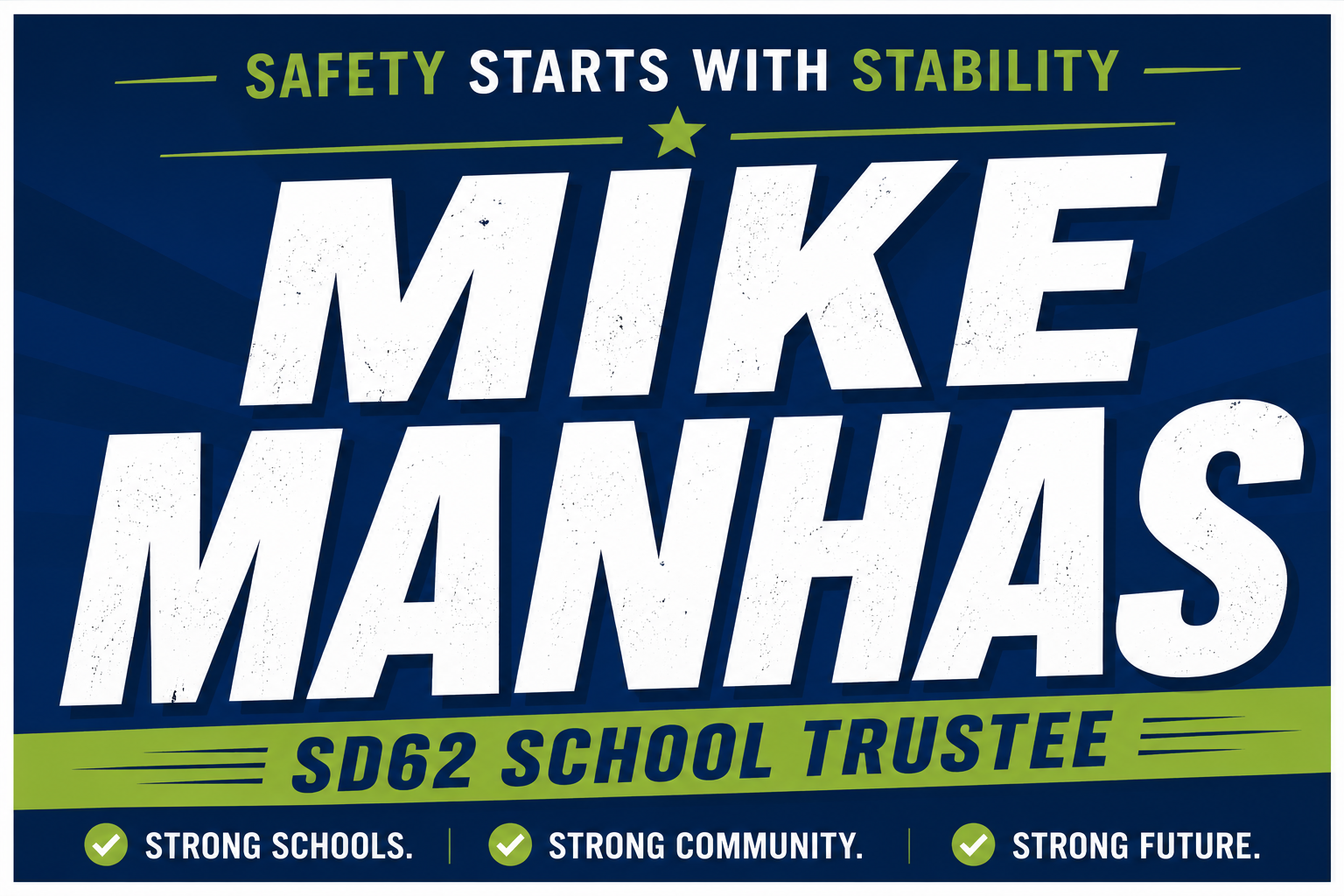 Mike Manhas SD62 school trustee lawn sign: Strong Schools. Strong Community. Strong Future.